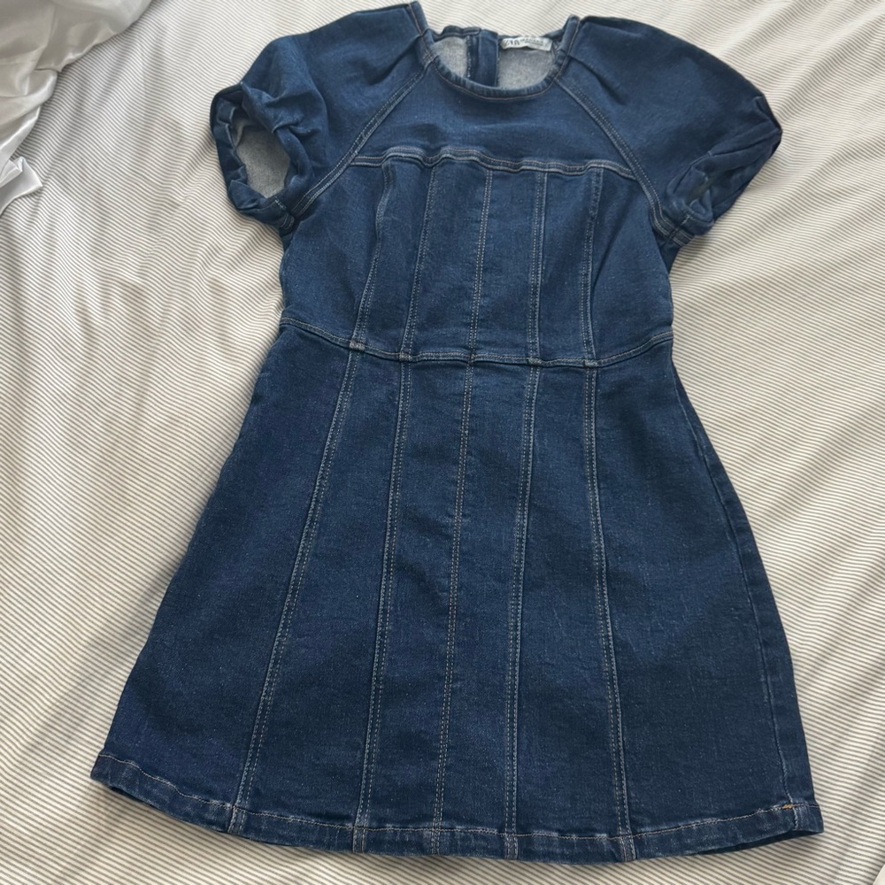 Zara Dark Wash Heavy Denim Puff Sleeve Fitted Mini Dress - Size M